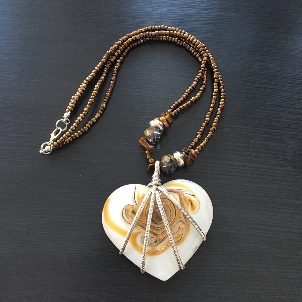 Art Glass Bohemian Heart Necklace Copper Seed Stone Beads